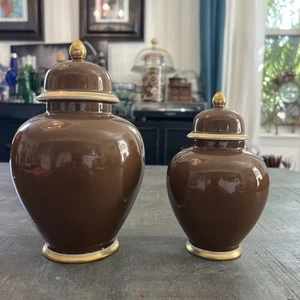 Juego de 2 jarrones para galletas Fitz And Floyd 1976 Medallion D’ o jengibre marrón chocolate - Imagen 1 de 7