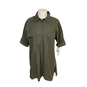New-Sharagano Dark Green Collared Button Front Pocket Shirt Dress Size 10 NWT - Picture 1 of 16