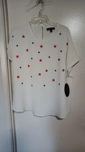 VOLUME ONE WOMANS WHITE BLOUSE WITH STARS SHORT SLEEVES SIZE XL - Picture 1 of 4