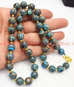 Handmade Natural 8/10mm Blue Stripe Turquoise Gems Round Beads Necklace 16-36in - Picture 1 of 12