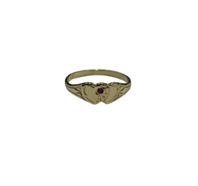 9ct 9K Yellow Gold Girls Double Heart Signet Ring Red Stone. Size J1/2 Brand New - Image 1 of 4