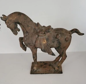 TANG Vintage Cast Iron Chinese Tang Dynasty Style War Horse Sculpture 12" x 9" - Picture 1 of 6