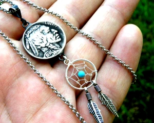 Necklace authentic 1936 Buffalo Indian Nicke coin feather pendant dream catcher  - Picture 1 of 2