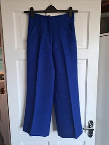 ZARA Cobalt Blue Straight/Wide Leg Boucle Trousers Size XS - Picture 1 of 5