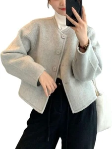 Women Crop Pea Coat Dressy Lady Jacket Short Winter Wool Blend Overcoat with Poc - Picture 1 of 24