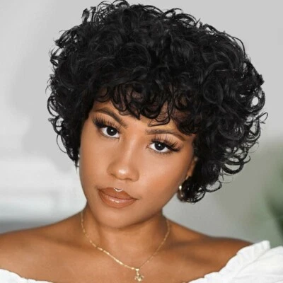 Peluca corta Bob pelucas de cabello humano rizado con flequillo pelucas delanteras sin encaje para mujer  Foto 1 de 4