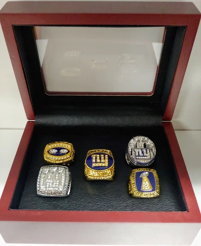 New York Giants - Championship 5 Ring Set With Wooden Box.. Manning Simms Taylor Cover