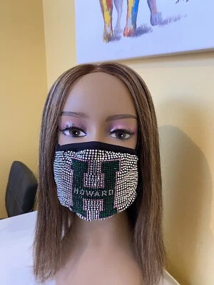 Howard University Bling Rhinestone Face Mask Pink And Green - Image 1 of 4