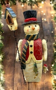Vintage Rustic Snowman Christmas Figurine with Birdhouse Carved Folk Art Style - Picture 1 of 10