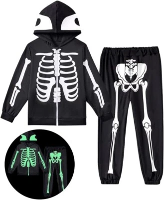 Niños Pequeños Niñas Halloween Brilla en la Oscuridad Esqueleto Cremallera Sudadera con Capucha con Pantalones Foto 1 de 4