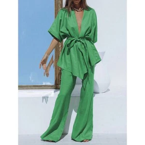 Commense Linen Cotton Green Two-Piece Set Kimono-Style Top Wide-Leg Pant Outfit - Picture 1 of 21