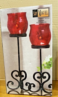 Rustic Iron Votive Candle Holders with Red Crackle Glass, Set of 2, New - Image 1 of 4