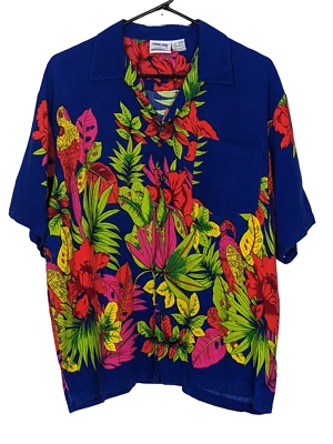 Vintage Men's Jammin Shirt By Basix Sz L, Parrots, Bold Red, Pink, Greens - Image 1 of 2