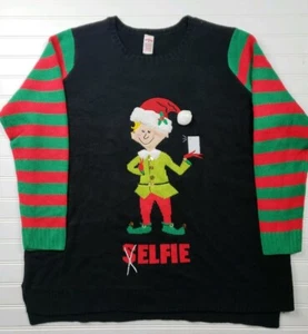 Christmas Women's Plus Sweater by Holiday Time Size 2X Selfie Elf Black New  - Picture 1 of 5