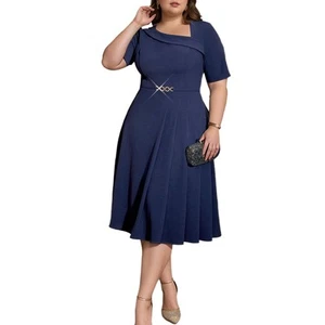 AOMEI Women Wear to Work Belted Pleated Dress Flared Short Sleeve V Neck Dresses - Picture 1 of 13