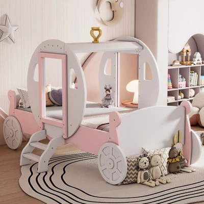 Cama Carruaje Princesa Tamaño Doble con Corona, Plataforma Madera Cama Coche con Escalera Foto 1 de 4