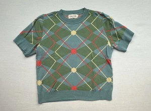Palava Green Turquoise Argyle Short Sleeved Cotton Knit Top Size S - Picture 1 of 5