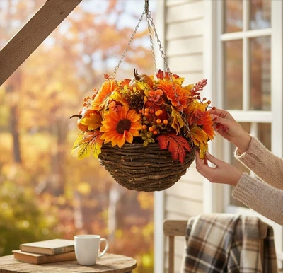 Best Artificial 40cm/14 Inch Pumpkin Autumnal Winter Fall Outdoor Hanging Basket - Image 1 of 2