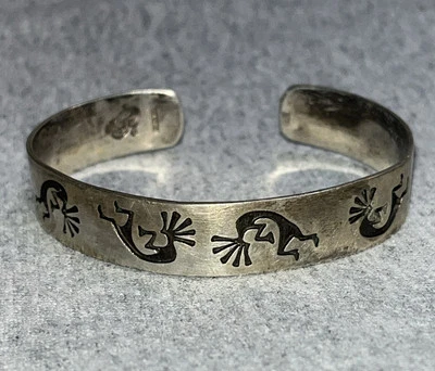 Native America Sterling With Black Kokopelli Cuff Bracelet 6 7/8”  Marked Signed - Image 1 of 4
