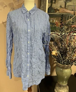 J McLaughlin Lois Crinkle Gingham Long Sleeves Blue White Top Size XL - Picture 1 of 10