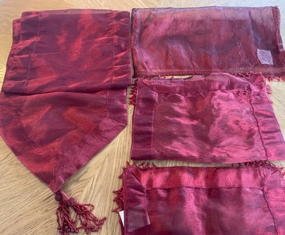 Sheer Red Beaded Table Runner 68” x 12.5” + 3 Matching Mats – Metallic Handmade - Image 1 of 4