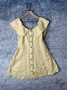 Reformation Dress Womens 8 Yellow Linen Button Front Mini Pockets Ruffle Collar - Picture 1 of 8