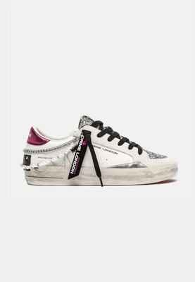 Crime London Sneakers donna bianca con glitter argento e talloncino fucsia con c - Immagine 1 di 4