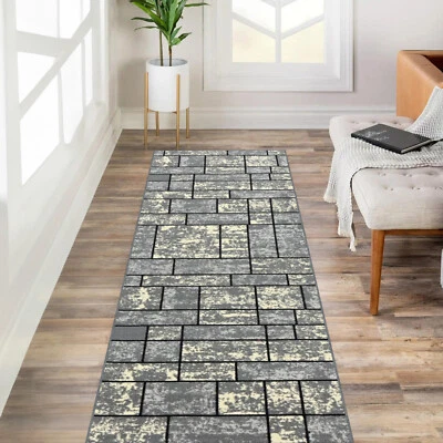 Custom Size Stair Hallway Runner Rug Non Slip Rubber Back Grey Ivory Tiles 3D - Image 1 of 4