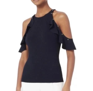 Jonathan Simkhai Navy Embellished Cold Shoulder Top with Silver Grommets S NWOT - Picture 1 of 7