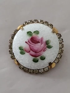 Vintage Guilloche Enamel Brooch Pin Floral Rose Goldtone from 1960s - Picture 1 of 3