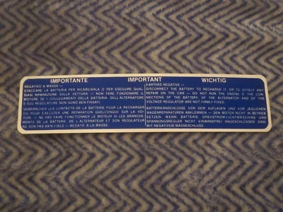 1982 LANCIA ZAGATO BATTERY WARNING DECAL Foto 1 de 2