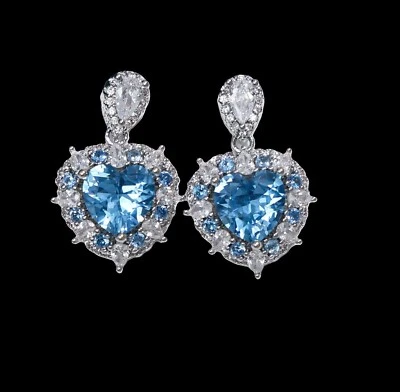 925 Sterling Silver 8mm Aquamarine Sapphire Heart Halo 1'' Earrings Gemstone - Image 1 of 2