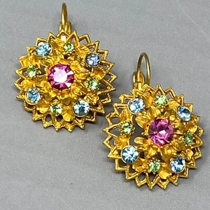 Made in USA Earrings Pierced Pink Blue Glass Rhinestones Gold Tone Dome 1.25" - Picture 1 of 12