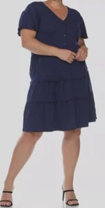 White Mark Women's Blue Short-Sleeve V-Neck Tiered Midi Dress Plus Size 1XL - Picture 1 of 4
