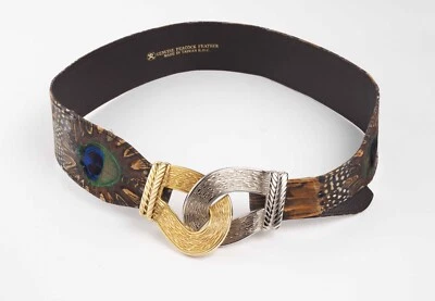 Rare Vintage 90's Waist Belt Real Peacock Feather Leather Gold Silver Buckle - Image 1 of 4
