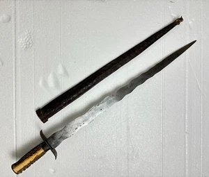 1800'S PHILIPPINE SERPENTINE PIRATE SWORD WITH LEATHER SHEATH - Picture 1 of 24