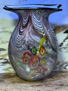 Braune Wirbel Murano Glas Millefiori Vase gezogene Feder 10" - Bild 1 von 13