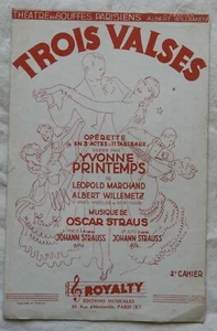 Partition ancienne 1936 Opérette Yvonne Printemps "Trois Valses" - Picture 1 of 2