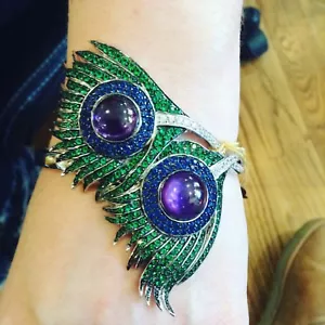 ¡PULSERA PERSONALIZADA DE PLUMA DE PAVO REAL EN ESTERLINA, CRISTAL Y AMATISTA! ¡NUEVO W ETIQUETAS! - Imagen 1 de 2