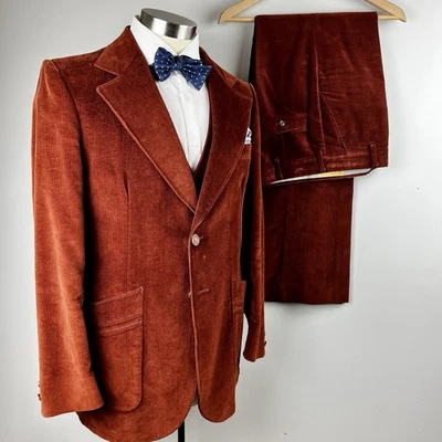 Audaz De Colección Años 70 80 H.I.S. 38L Marrón Óxido Pana Terciopelo 3 piezas Traje 30 x 33 Pantalones Foto 1 de 4