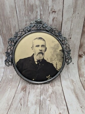 Antique Metal Art Nouveau Photo Frame W/ Celluloid Button Style Photo 7.5 X 7.5" - Image 1 of 4