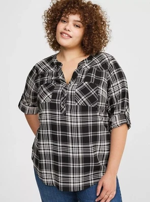 Torrid Harper 1X Black Cream Tan Scottish Tartan Plaid Flowy Roll Tab Sleeve Top - Image 1 of 4