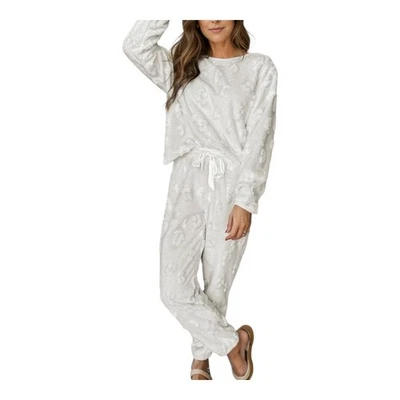 Fuzzy Lounge Set Loungewear Sleepwear Leopard Print Cream Women Size Large New - Image 1 of 4