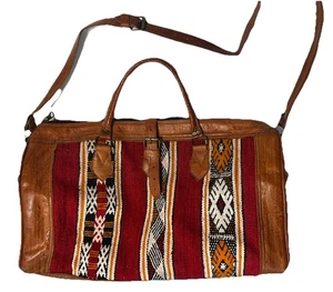 Leather Kilim Travel Bag vintage carpet unisex Weekend Brown Red Large 22x11x10 - Picture 1 of 16
