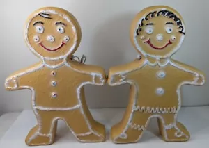 Blow Mold Tan Gingerbread Girl / Boy Christmas Colors Icing Union Products Pair - Picture 1 of 9