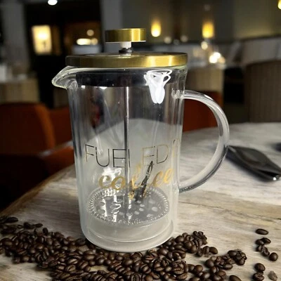 Cafetera francesa de vidrio “alimentada por café” tapa dorada-caño con mango  Foto 1 de 4