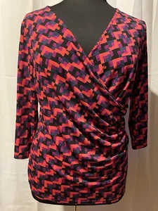 Ann Taylor Women's Top Faux Wrap Multicolor Vibrant Geometric Design Size XL - Picture 1 of 4