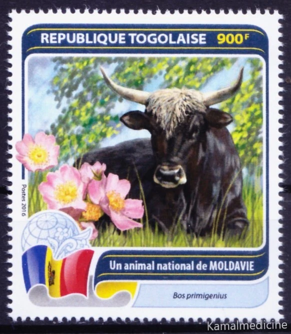 Togo 2016 MNH, National animal of Moldavia - Aurochs, cattle, Flag Wild Animals - Image 1 of 1