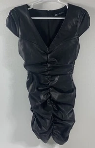 Zara Faux Leather Black Mini Dress Ruched Dress Women’s XS Girls Night Out EUC - Picture 1 of 9