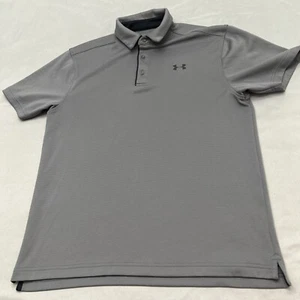 Under Armour Mens Medium Golf Loose HeatGear Polo Shirt Gray Striped Stretch - Picture 1 of 20